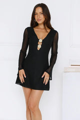 Champagne Aura Mesh Long Sleeve Mini Dress Black