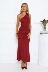 Alluring Ruched One Shoulder Maxi Dress Burgundy