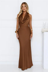 Cherry Whirl Satin Halter Maxi Dress Brown