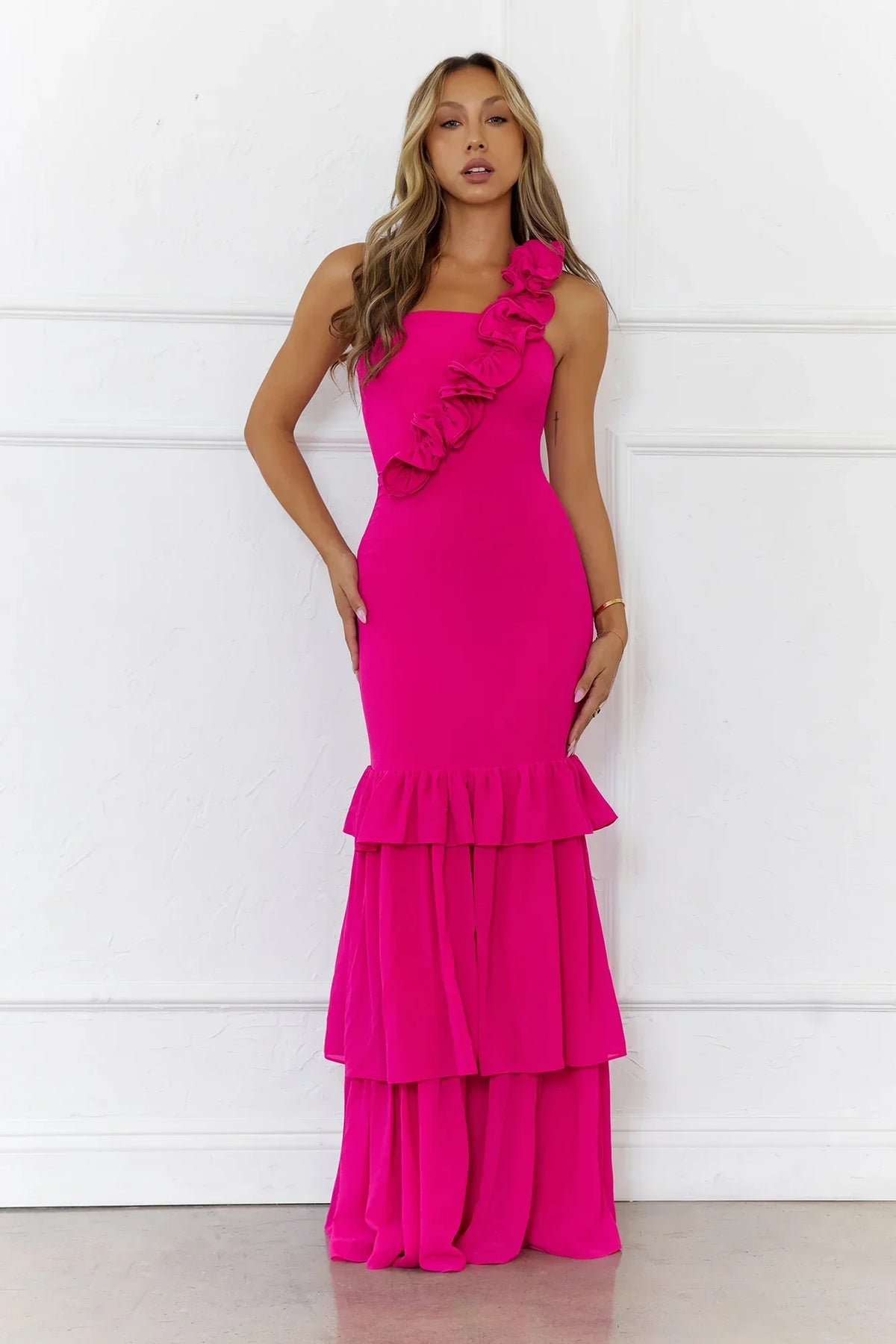 Blooming In Summer One Shoulder Maxi Dress Pink