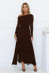 Chic Mesh One Shoulder Maxi Dress Brown