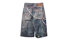 Loose Fit Denim Shorts "Trompe L'oeil Keychains Print" FN MN SHOR000264 MID INDIGO