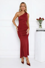 Alluring Ruched One Shoulder Maxi Dress Burgundy