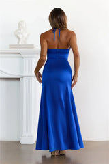 Chic And Irresistible Satin Halter Maxi Dress Blue