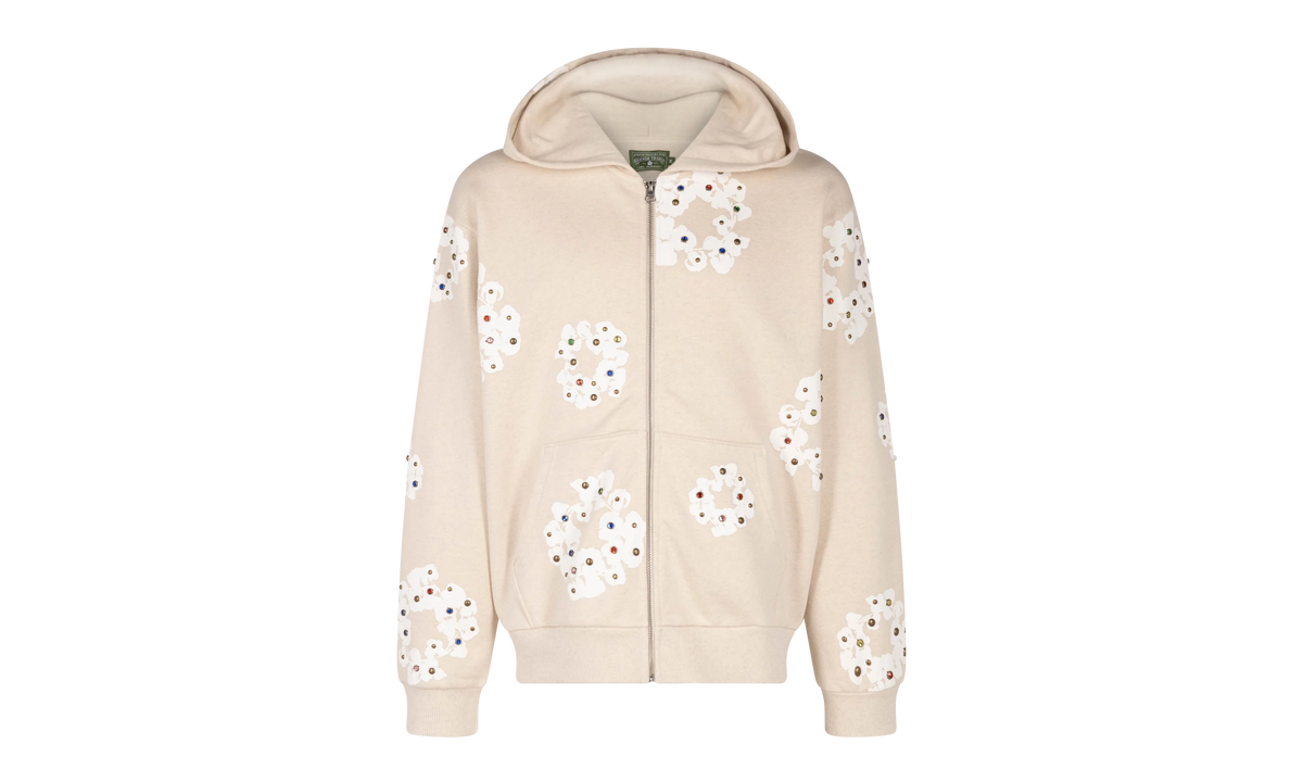 Rhinestone Cotton Wreath Zip Hoodie "Oatmeal" DT027