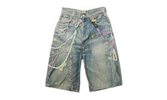 Loose Fit Denim Shorts "Trompe L'oeil Keychains Print" FN MN SHOR000264 MID INDIGO